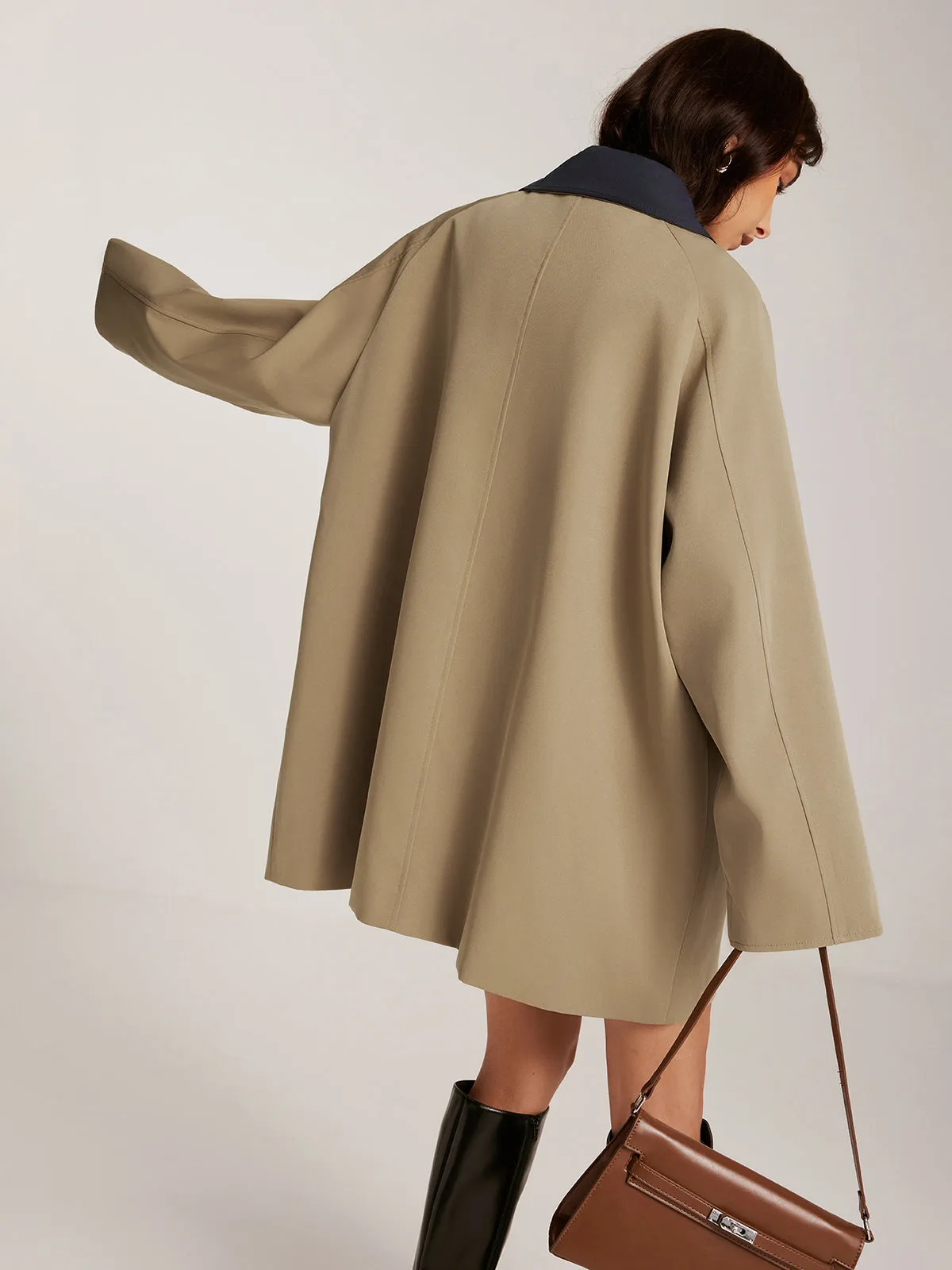 Contrast-Collar Zipper Loose Trench Coat