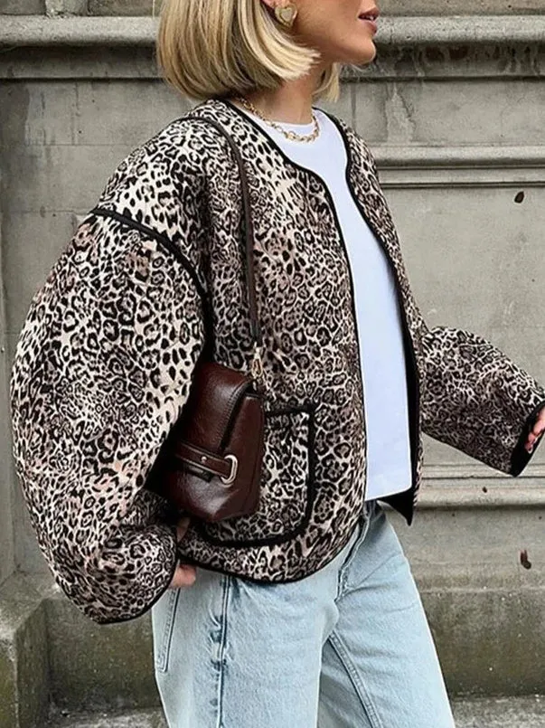 Contrast Trim Leopard Printed Winter Coat