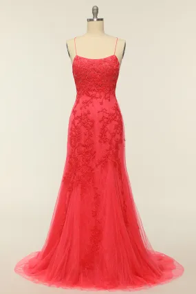 Coral Backless Long Prom Dress with Appliques