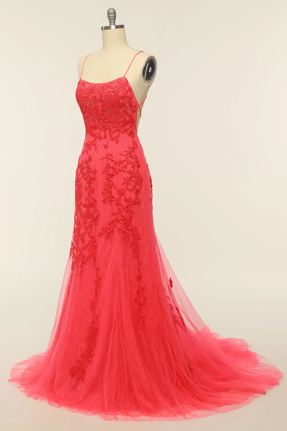 Coral Backless Long Prom Dress with Appliques