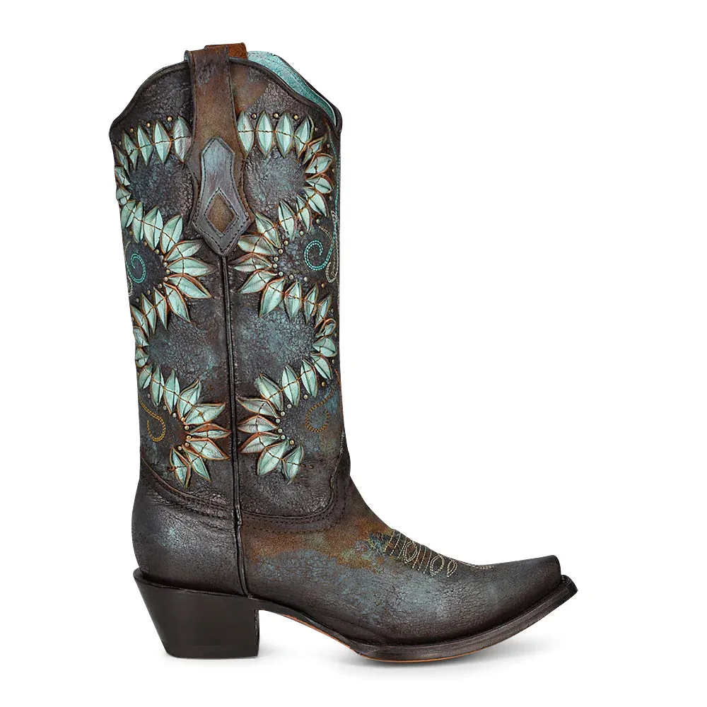 Corral Women's Brown and Turquoise Embroidery Snip Toe Western Boot