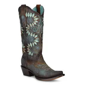 Corral Women's Brown and Turquoise Embroidery Snip Toe Western Boot