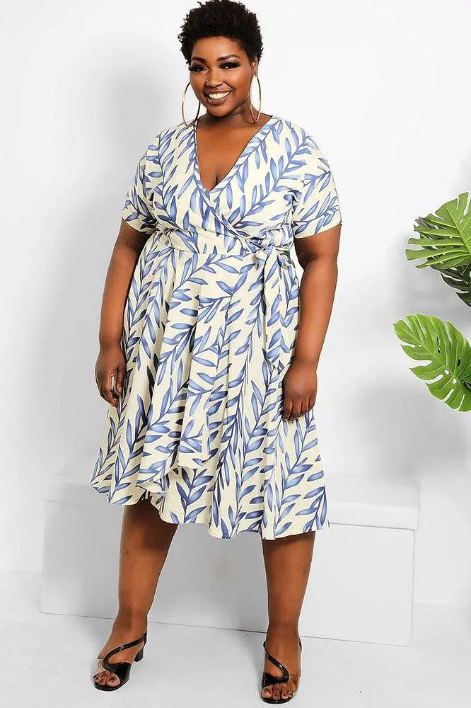 Cream Blue Leaves Print Midi Wrap Dress