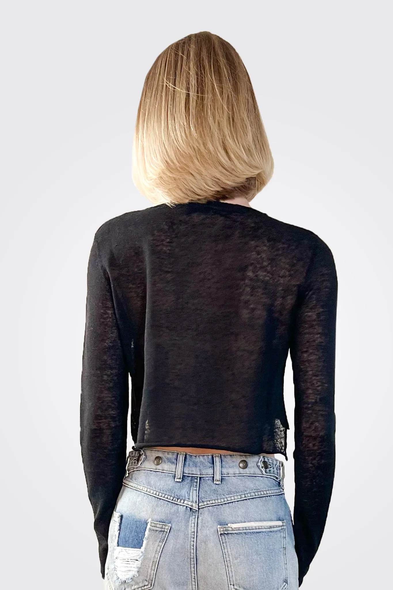 Crew Neck Semi Sheer Cardigan - Black