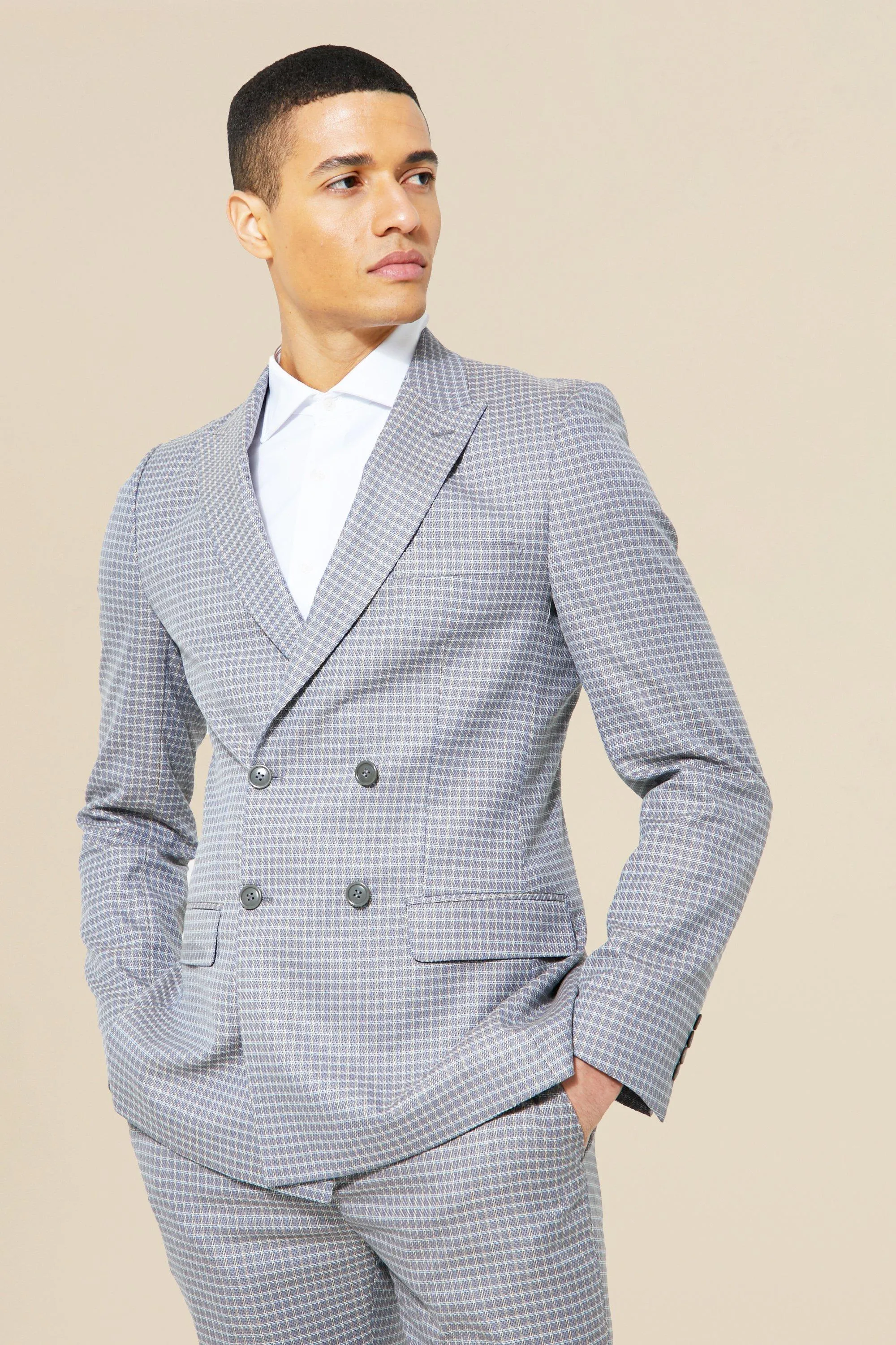 Double Breasted Slim Check Suit Jacket