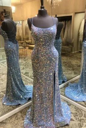 Double Straps Lace-Up Sequins Long Prom Dress with Slit