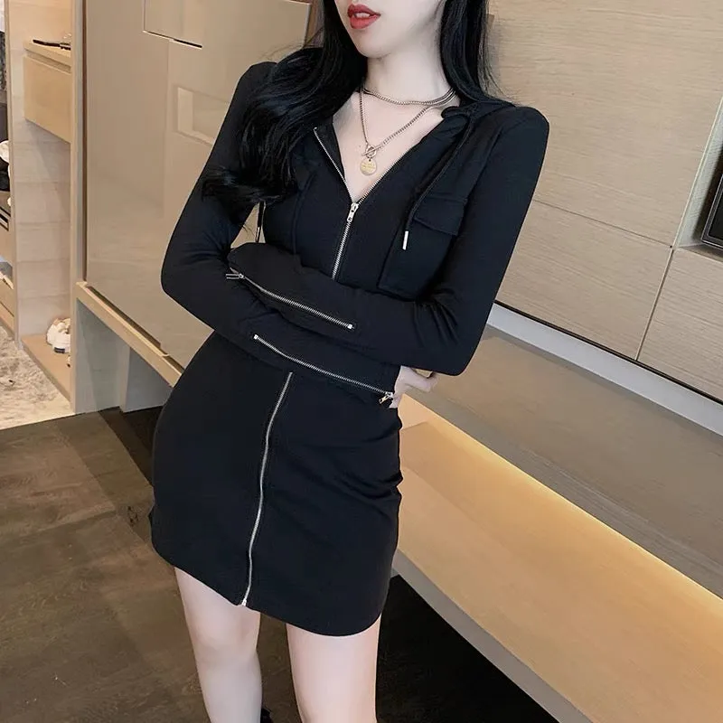 Early spring new style, versatile hooded long-sleeved small coat, short hip-covering skirt, slim and slim bottoming dress for wo