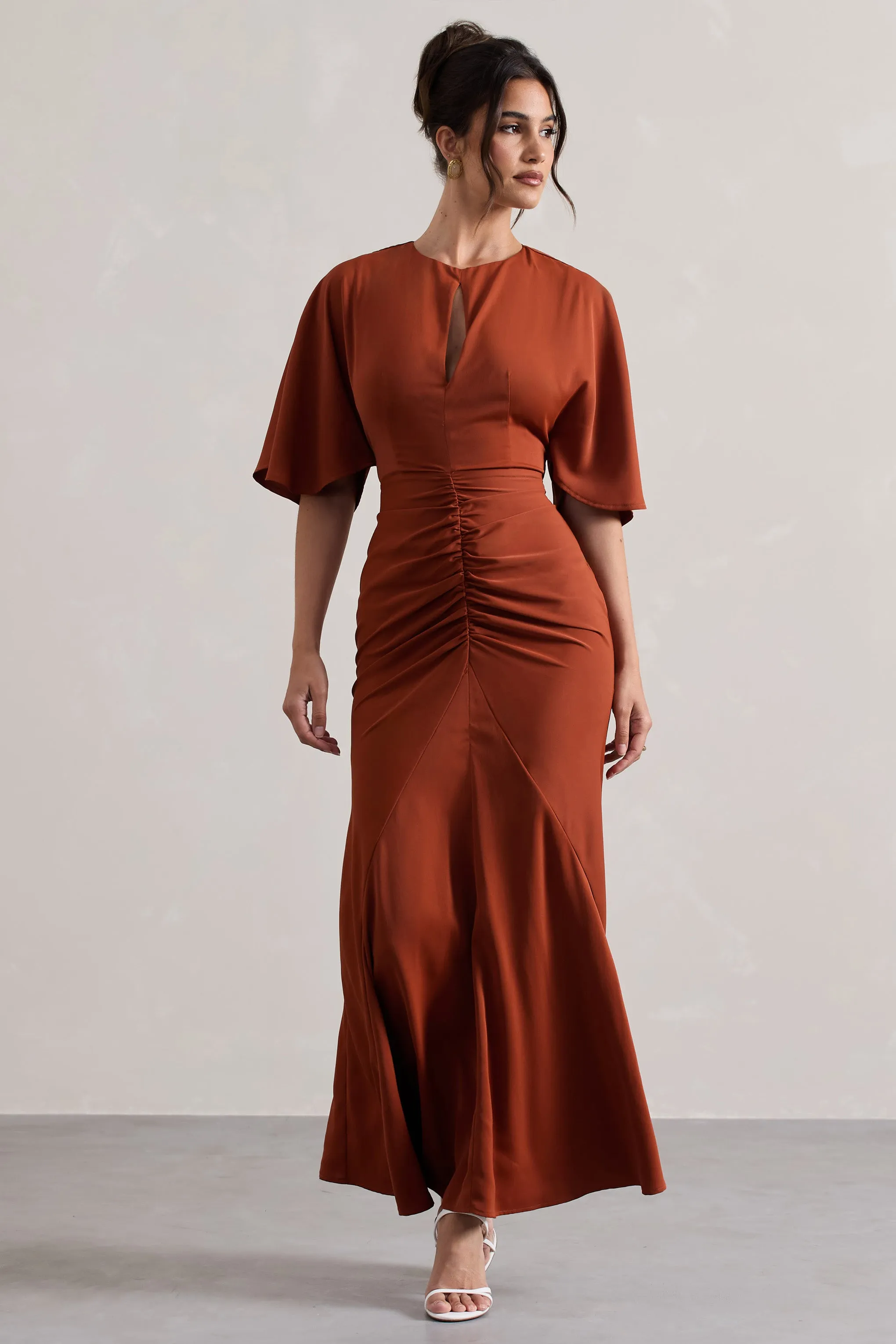 Elidy | Terracotta Ruched Flutter-Sleeve Cut-Out Maxi Dress