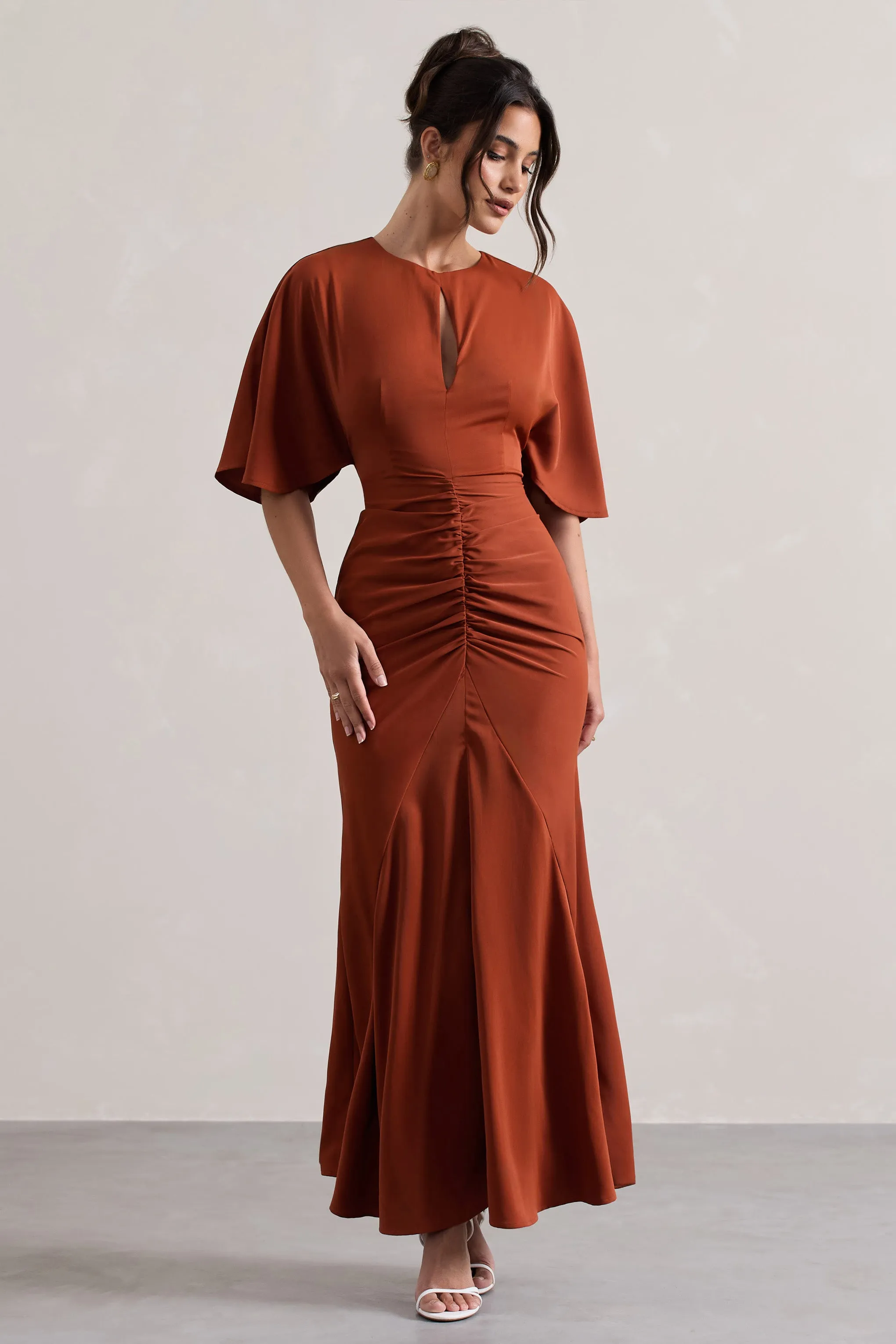 Elidy | Terracotta Ruched Flutter-Sleeve Cut-Out Maxi Dress