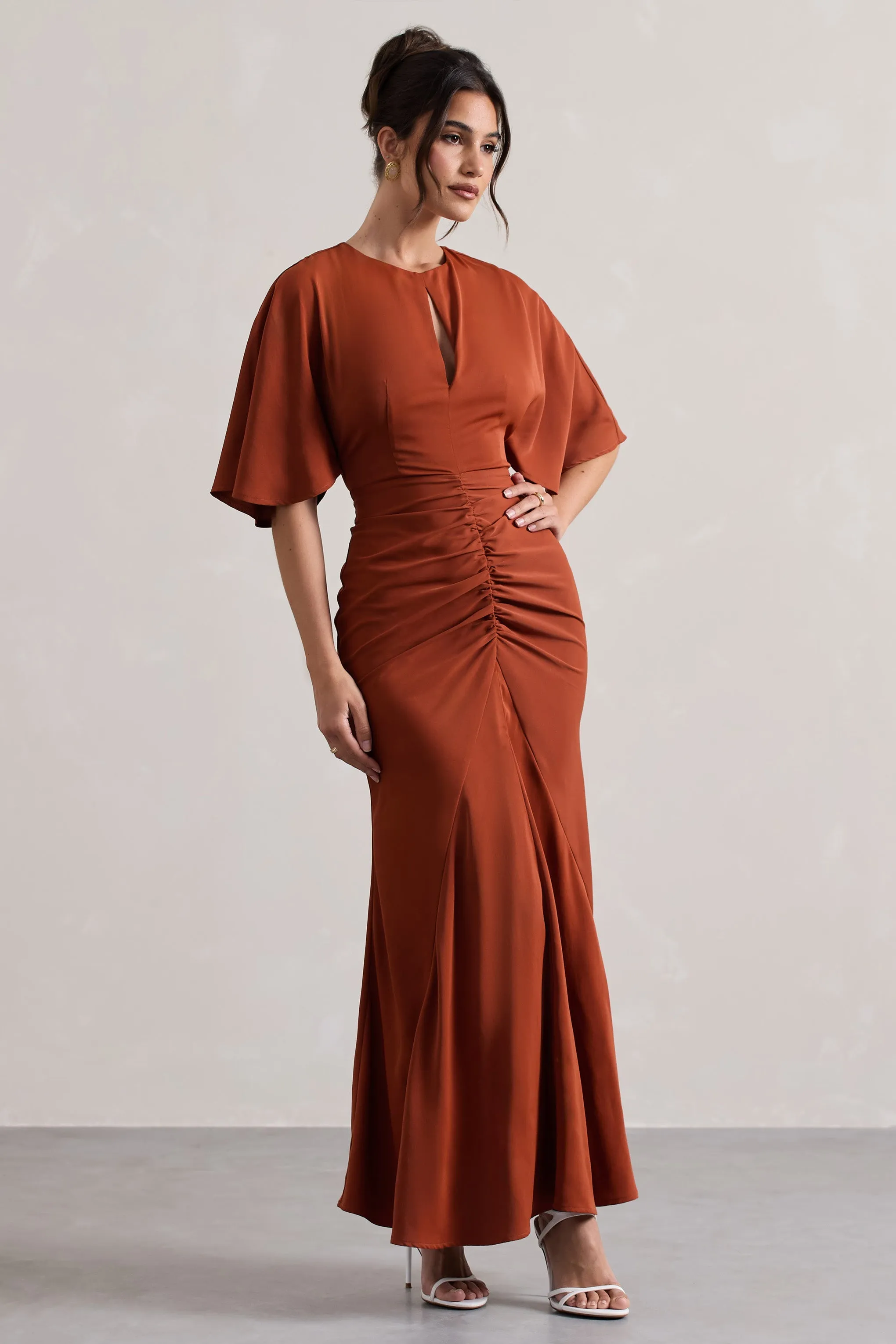 Elidy | Terracotta Ruched Flutter-Sleeve Cut-Out Maxi Dress