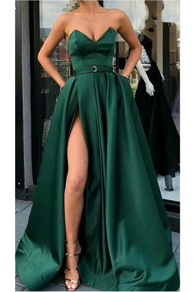 Emerald Green Side Slit Strapless Long Prom Dress with Belt