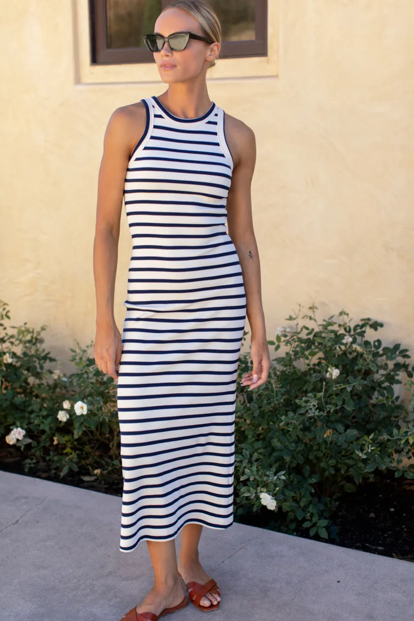 Emerson Fry Racerback Tank Dress Maxi, Navy Stripe