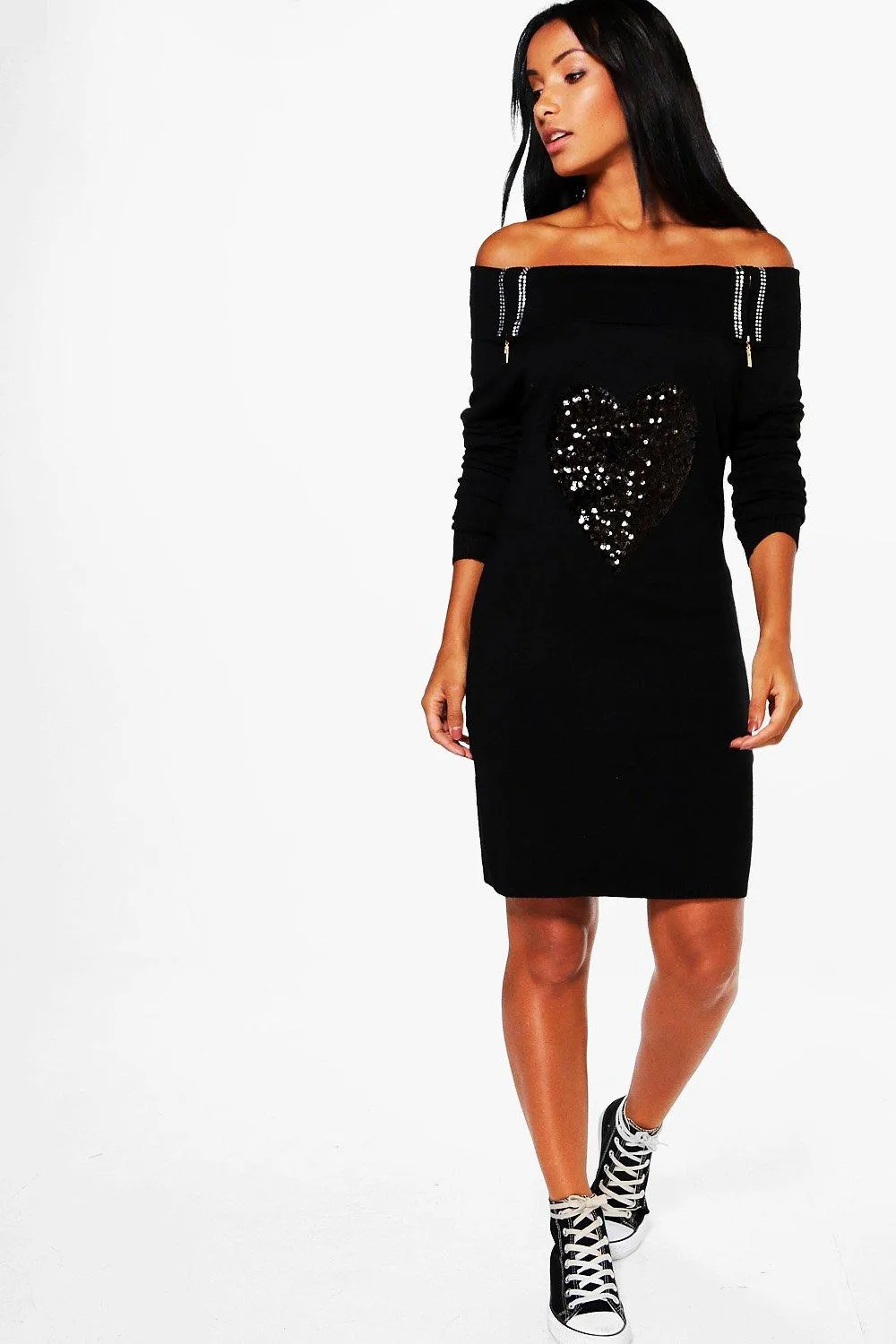 Evie Sequin Heart Off The Shoulder Sweater Dress