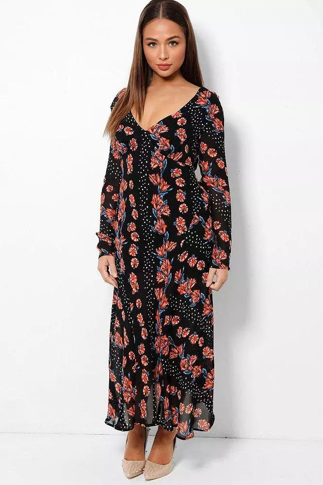 Floral Print Black V-Neck Chiffon Maxi Dress