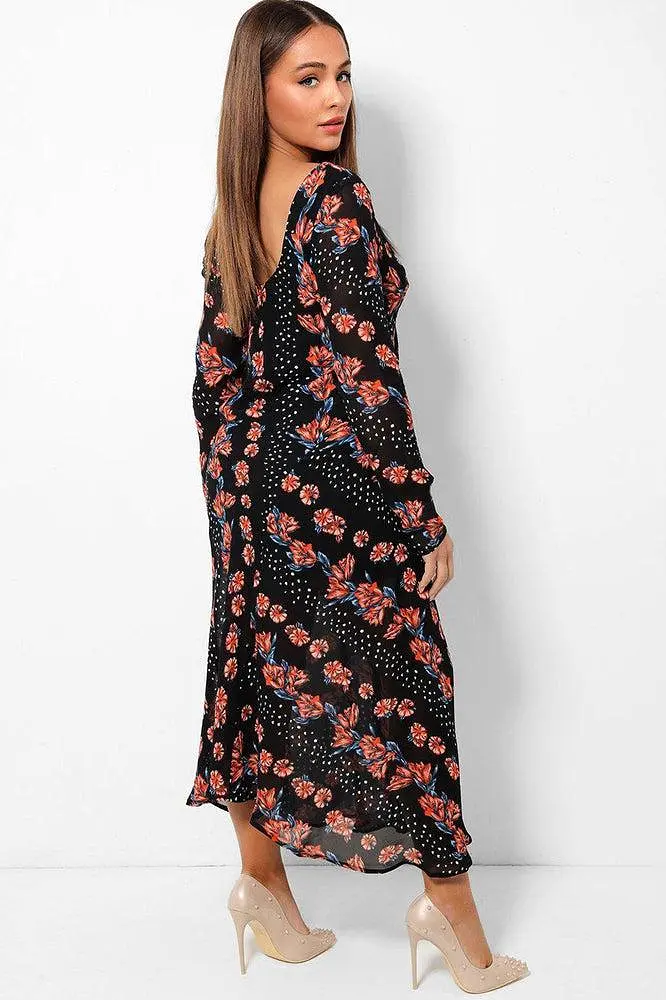 Floral Print Black V-Neck Chiffon Maxi Dress