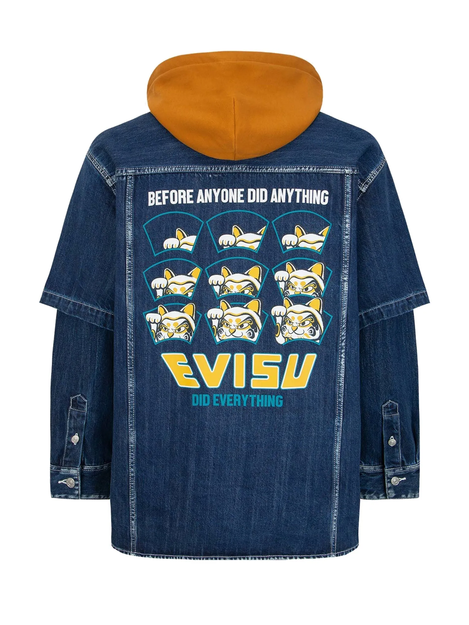 “Fortune Cat Hide-and-Seek” Print Denim Shirt Jacket