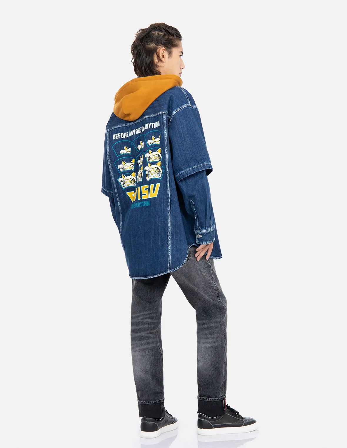 “Fortune Cat Hide-and-Seek” Print Denim Shirt Jacket