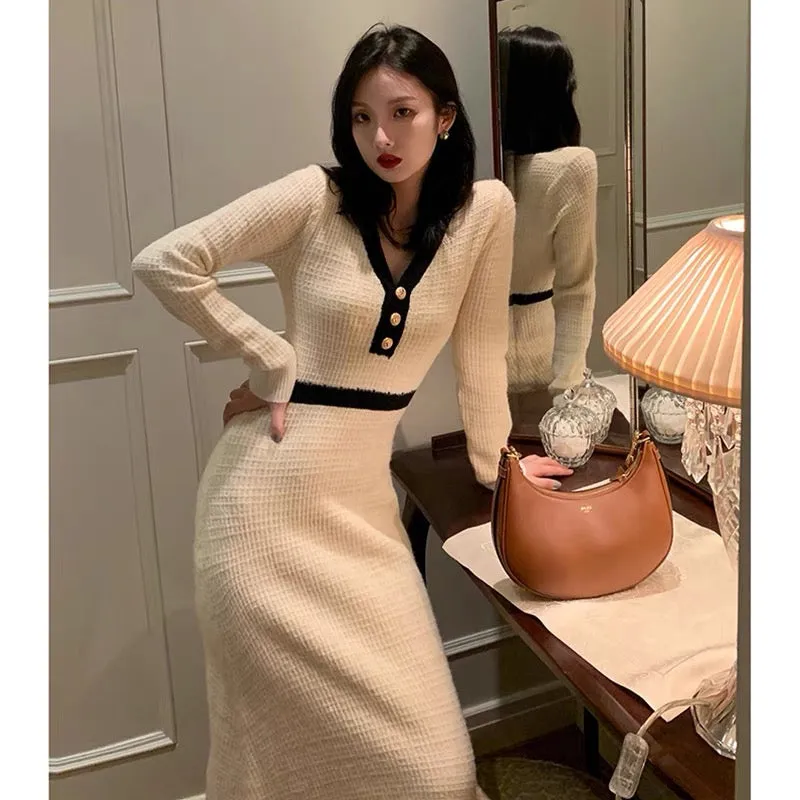 French knitted dress with coat, waist design, high-end sweater, long skirt, women's autumn and winter clothing 2023 new style