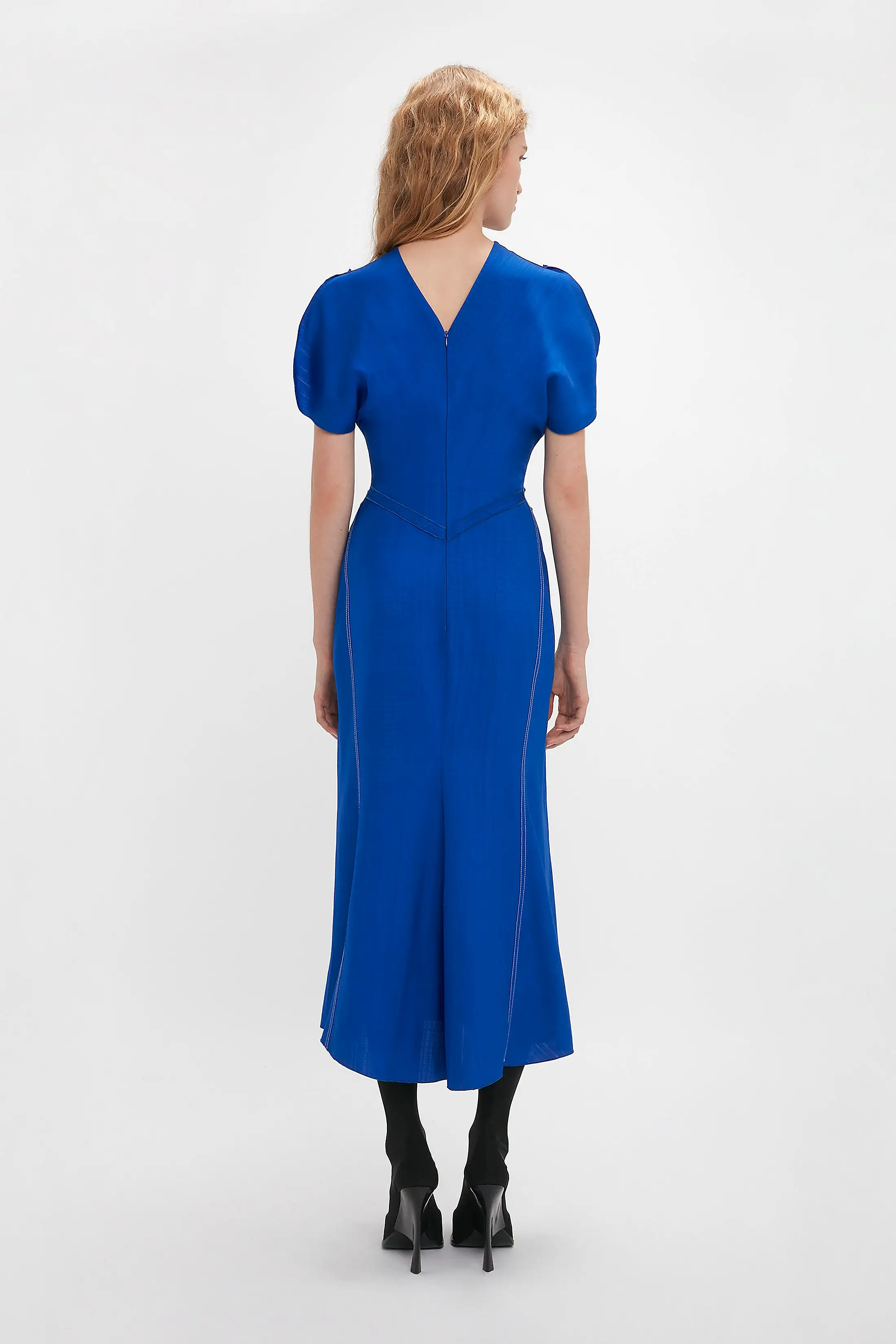 Gathered Waist Midi Dress In Palace Blue