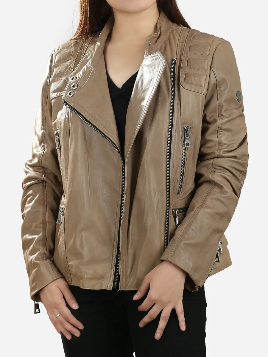 Gemma Padded Classic Beige Leather Biker Jacket