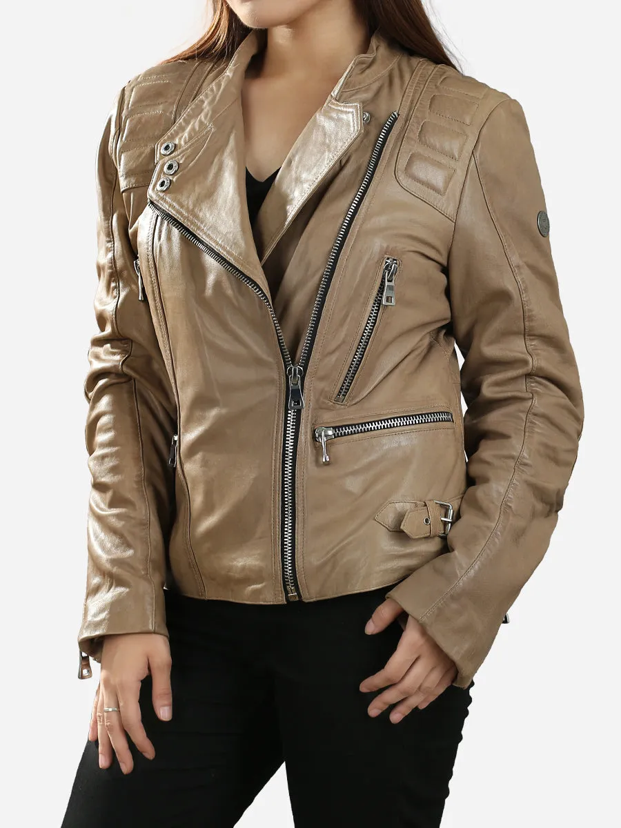 Gemma Padded Classic Beige Leather Biker Jacket