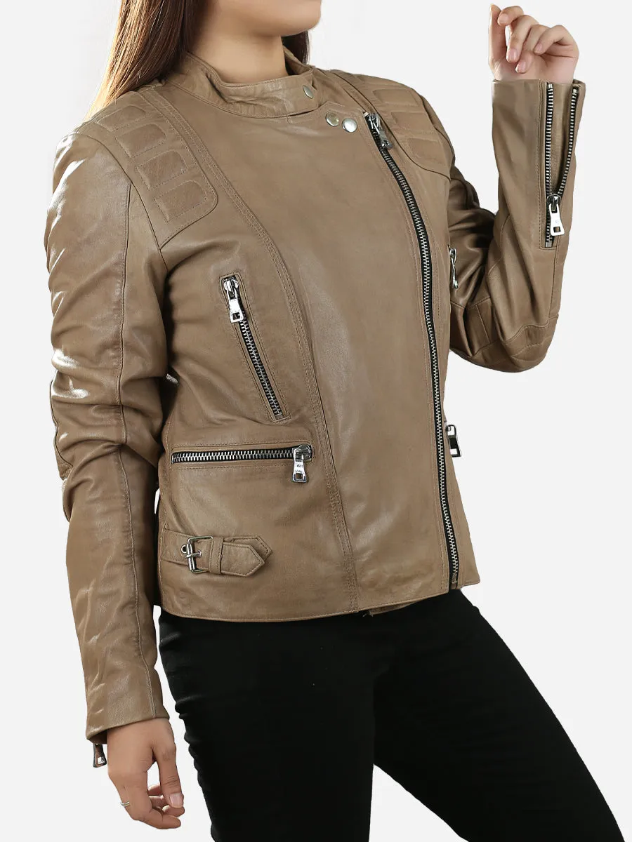 Gemma Padded Classic Beige Leather Biker Jacket