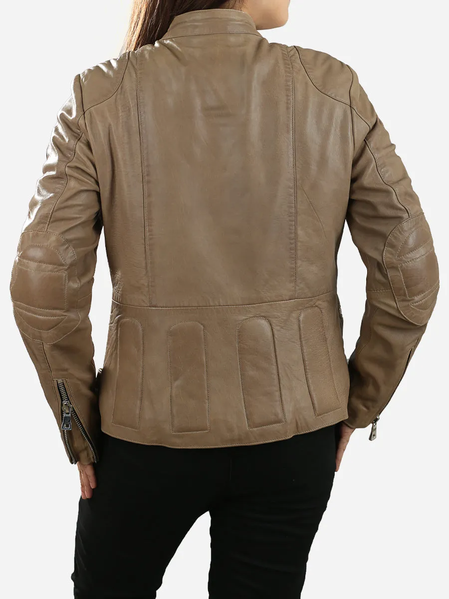 Gemma Padded Classic Beige Leather Biker Jacket