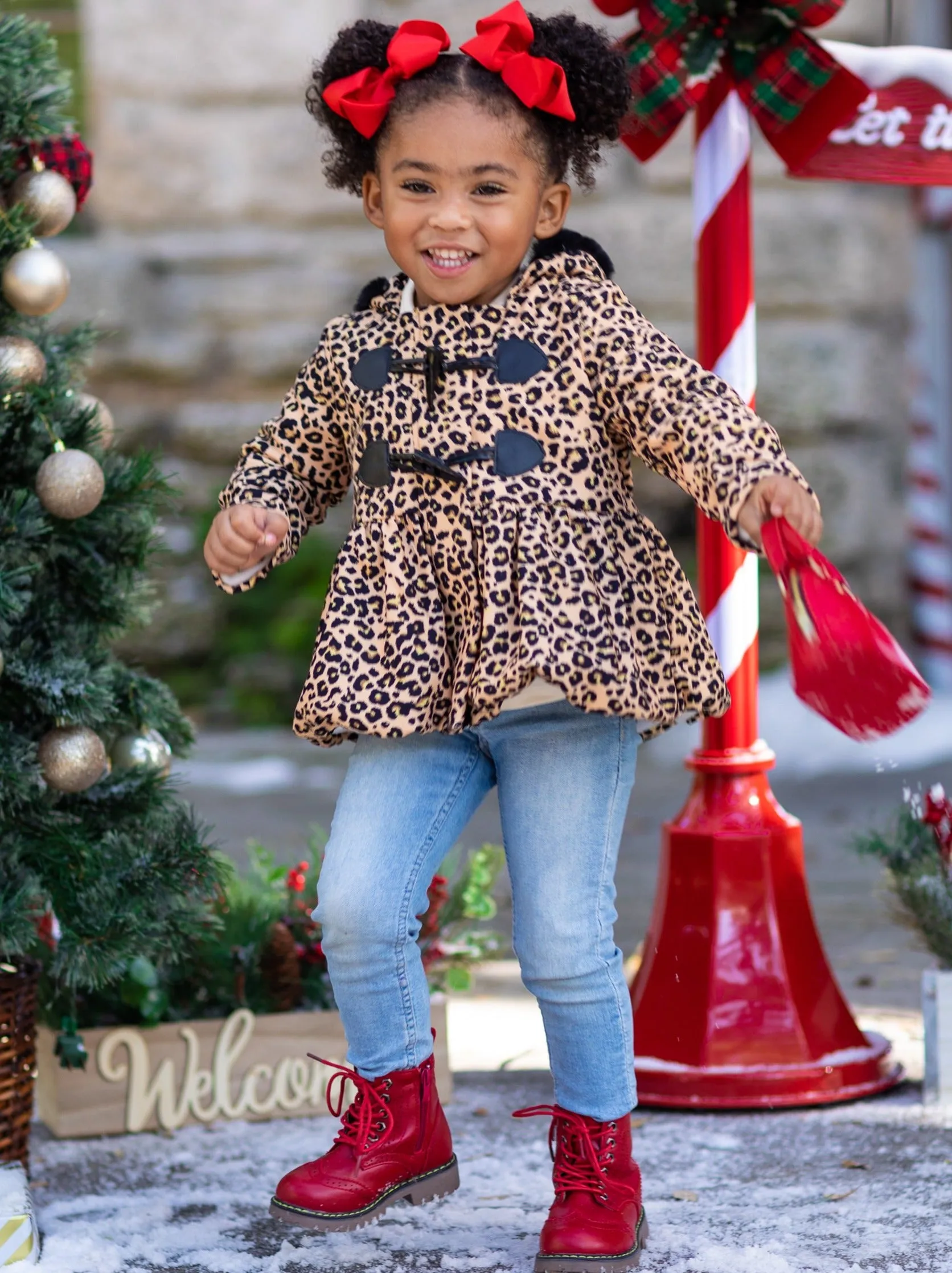 Girls Bundled Up Leopard Coat with Faux Fur Lined Hood