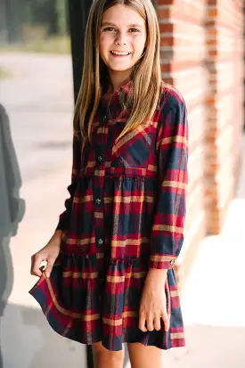 Girls: Find You Well Navy Blue Plaid Dress