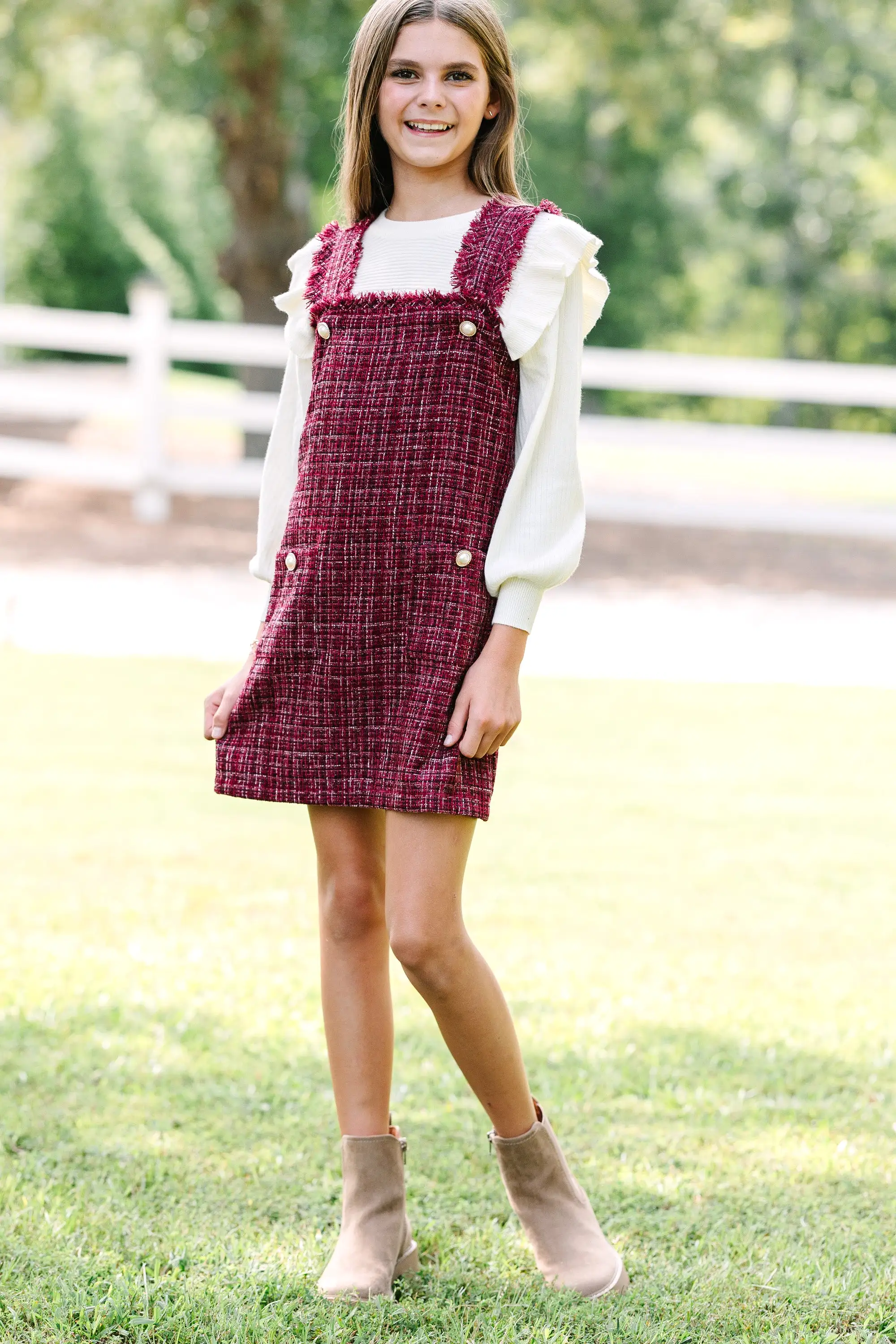 Girls: Need Your Love Burgundy Tweed Dress