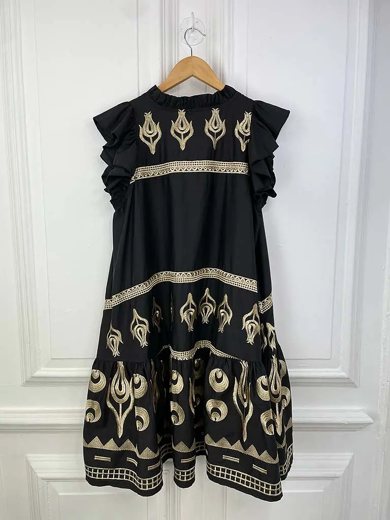 Gold Embroidered Tiered Tunic - Black