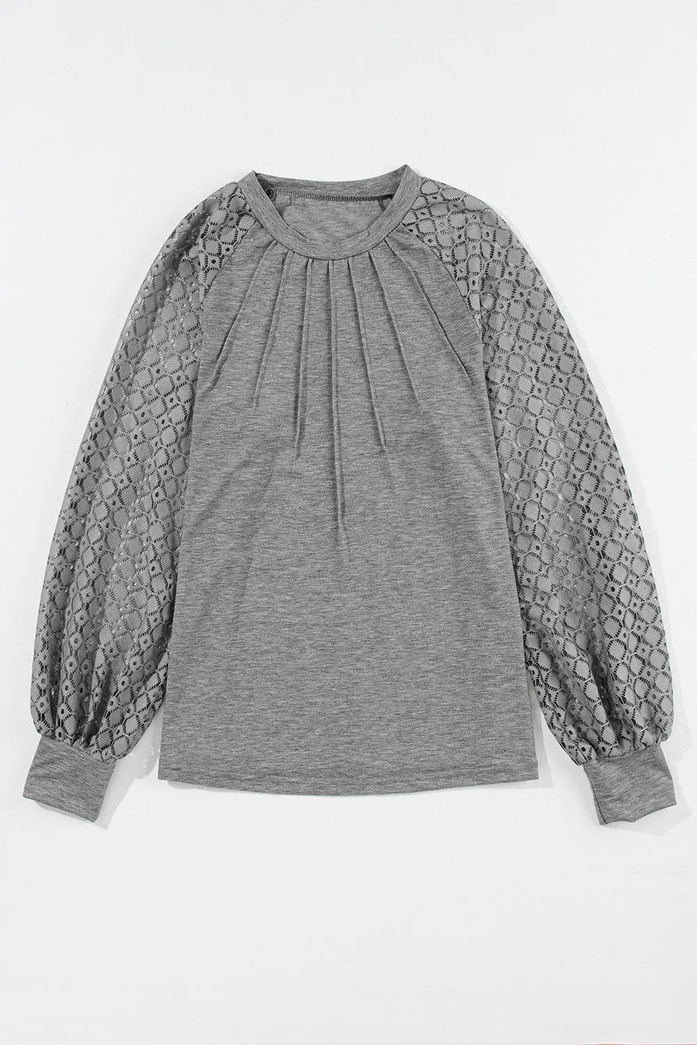 Gray Contrast Lace Raglan Sleeve Plicated Knit Top