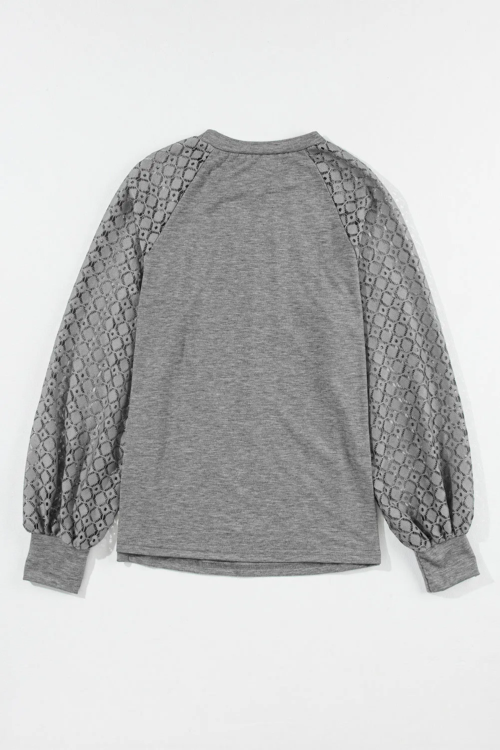 Gray Contrast Lace Raglan Sleeve Plicated Knit Top