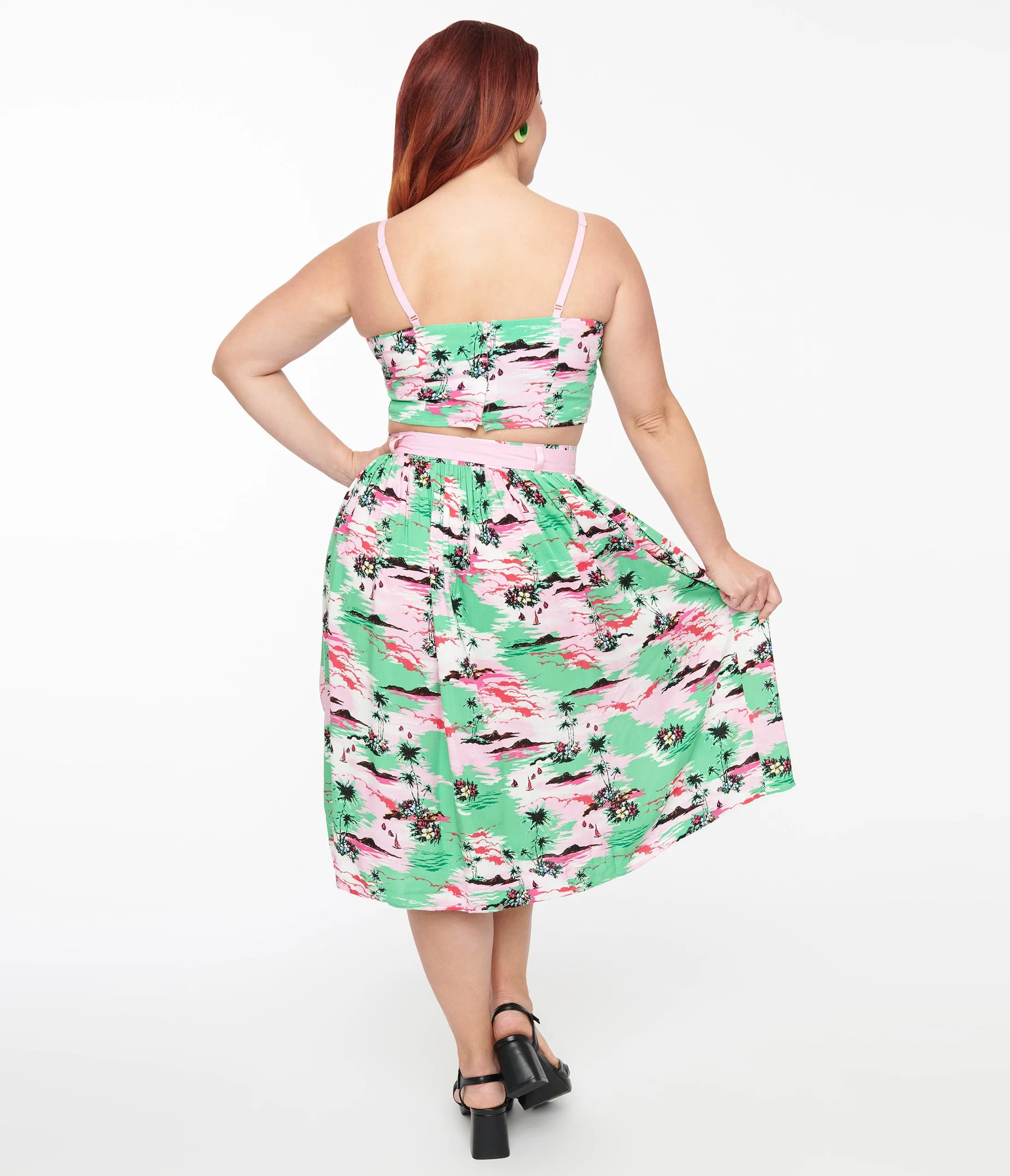 Hell Bunny Pink & Green Tropical Print Midi Skirt