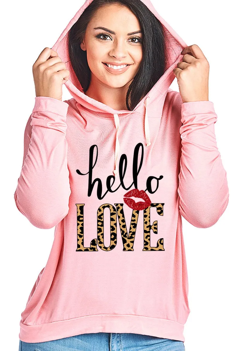 Hello Love Leopard Lips Valentines Day Long Sleeve Hoodie