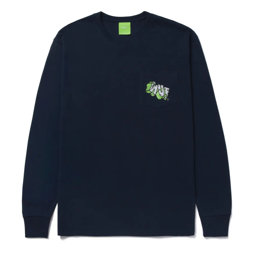 HUF Quake Mini Emblem Longsleeve Pocket Tee Navy