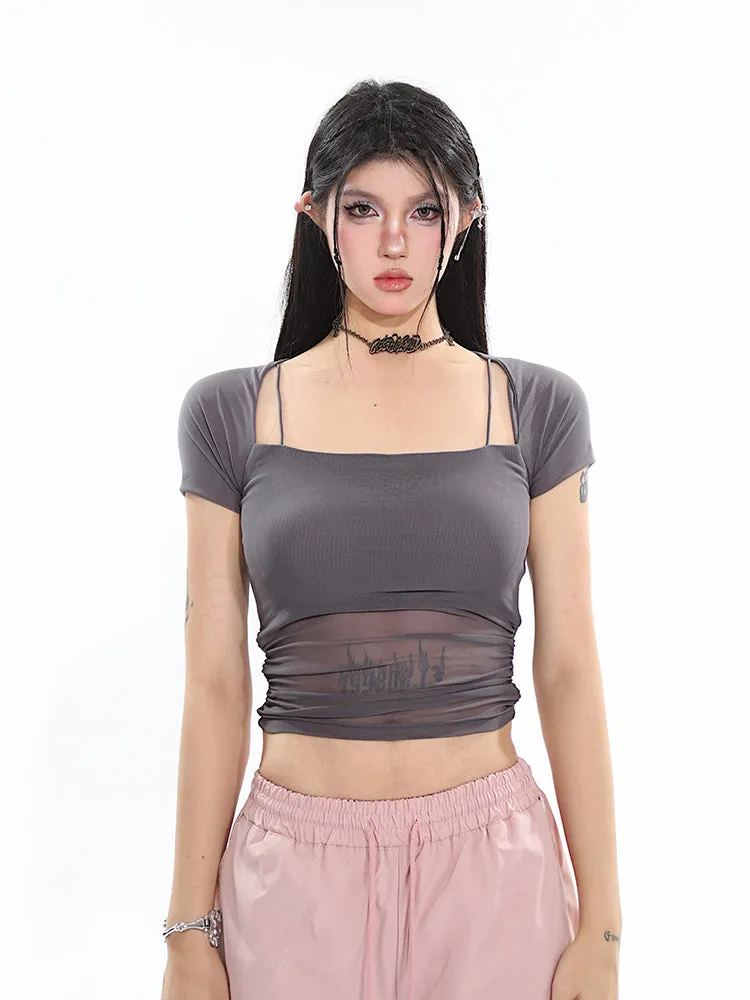 Jada Solid Color Faux Two-Piece Mesh Sheer See-Through Short Sleeve Square Neck Pleated Cropped Top