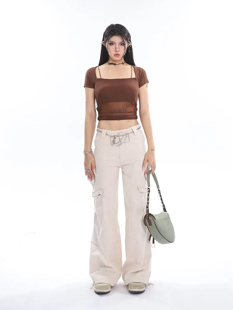 Jada Solid Color Faux Two-Piece Mesh Sheer See-Through Short Sleeve Square Neck Pleated Cropped Top