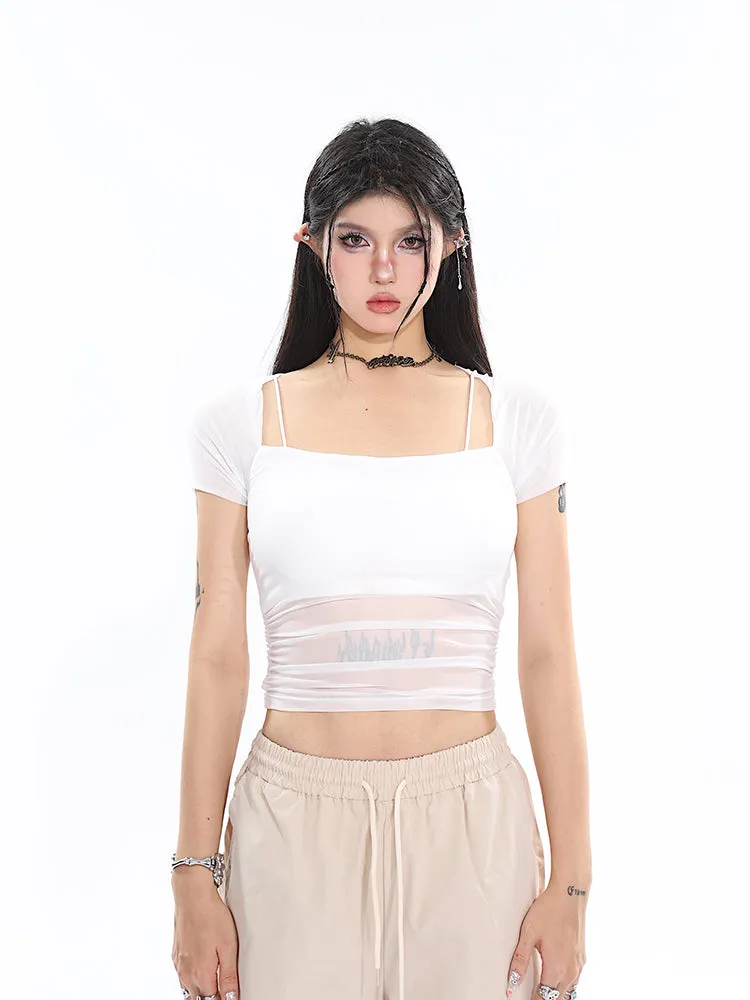 Jada Solid Color Faux Two-Piece Mesh Sheer See-Through Short Sleeve Square Neck Pleated Cropped Top