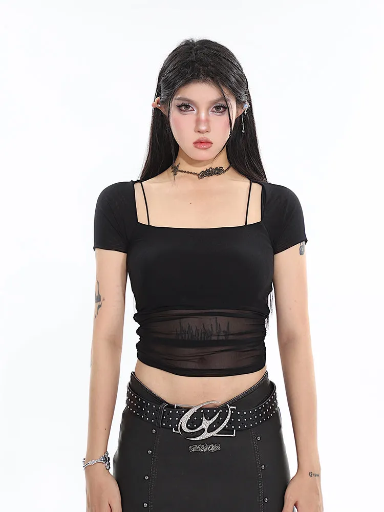 Jada Solid Color Faux Two-Piece Mesh Sheer See-Through Short Sleeve Square Neck Pleated Cropped Top