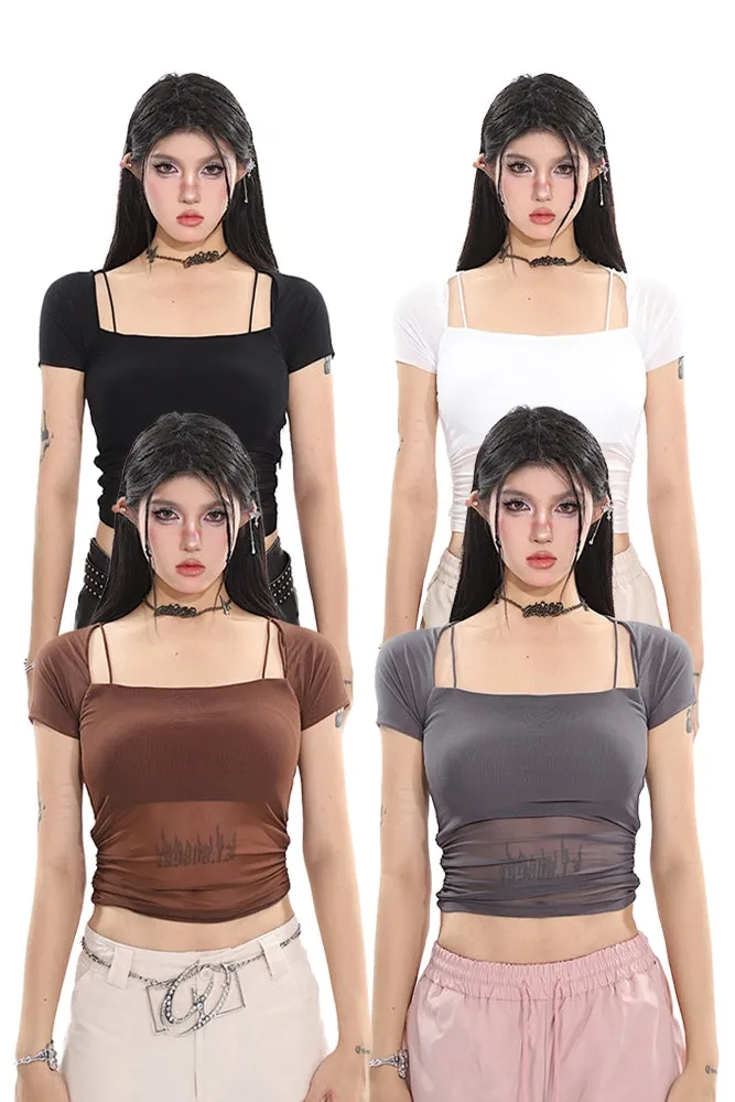 Jada Solid Color Faux Two-Piece Mesh Sheer See-Through Short Sleeve Square Neck Pleated Cropped Top