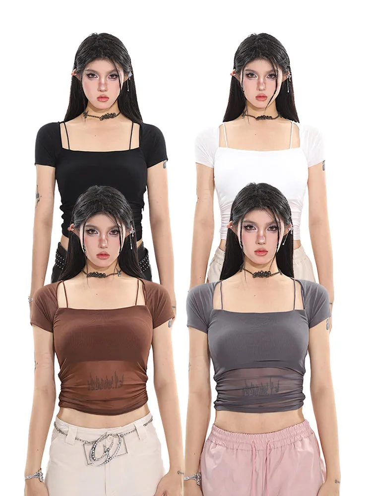 Jada Solid Color Faux Two-Piece Mesh Sheer See-Through Short Sleeve Square Neck Pleated Cropped Top