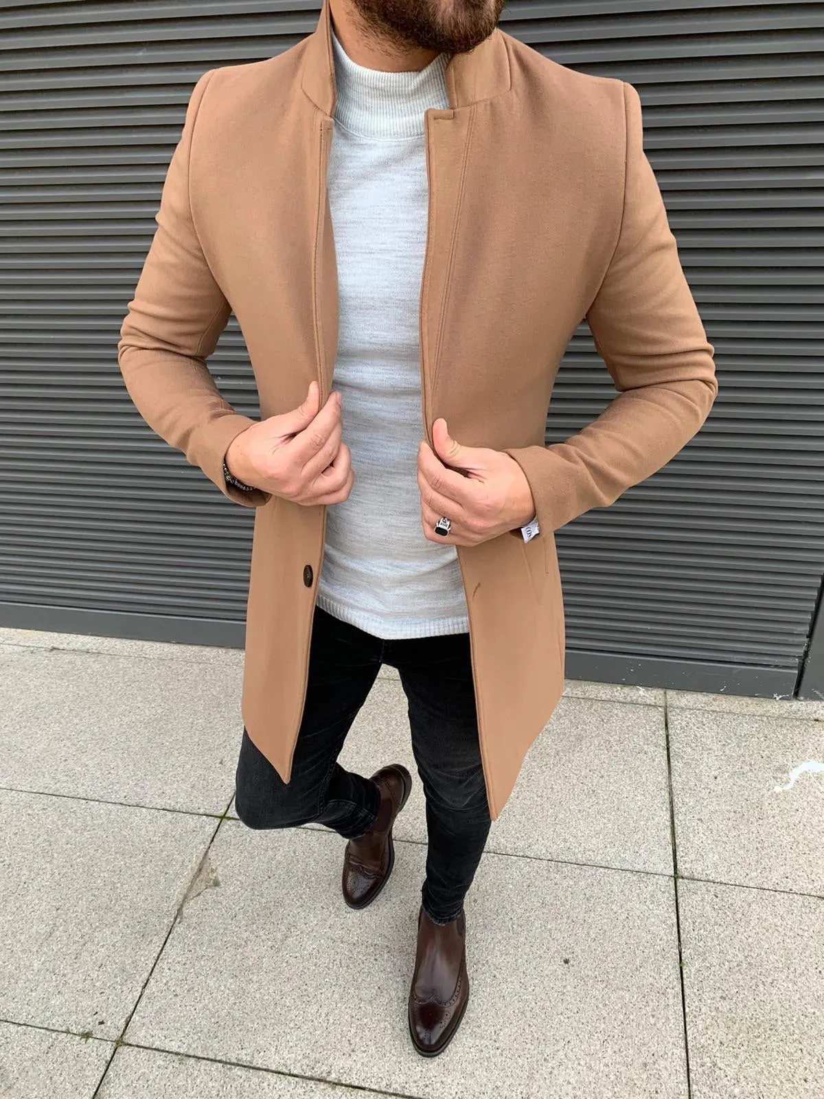 Kenzie Brown Slim Fit Wool Long Coat