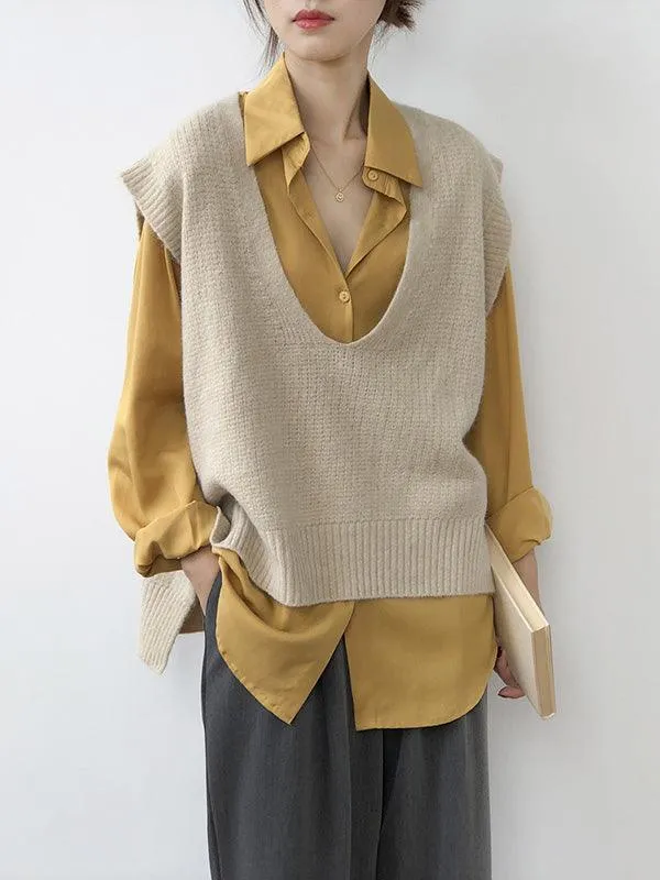 Knitting Irregularity Solid V-Neck Vest