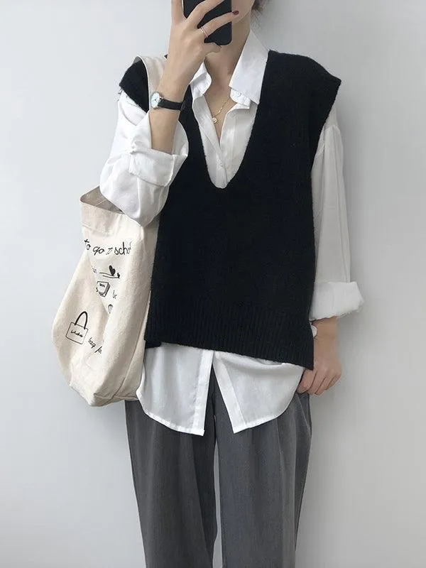 Knitting Irregularity Solid V-Neck Vest