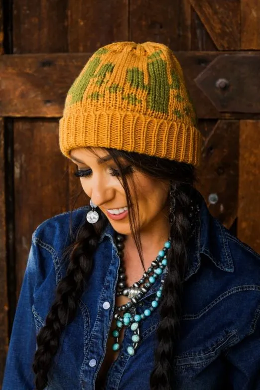 L & B Cactus Knit Beanie- Mustard and Olive