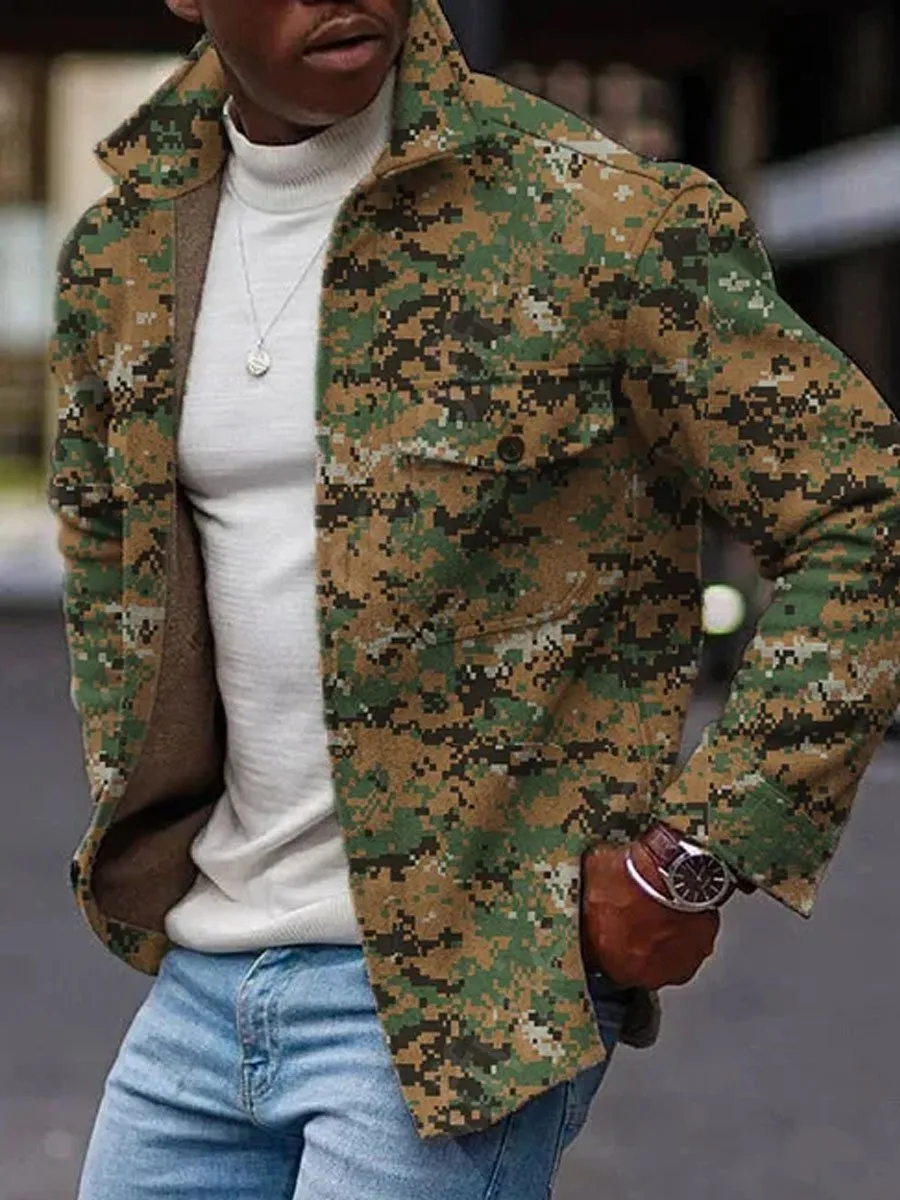 Lapel Double Pocket Single Breasted Casual Camo Jacket