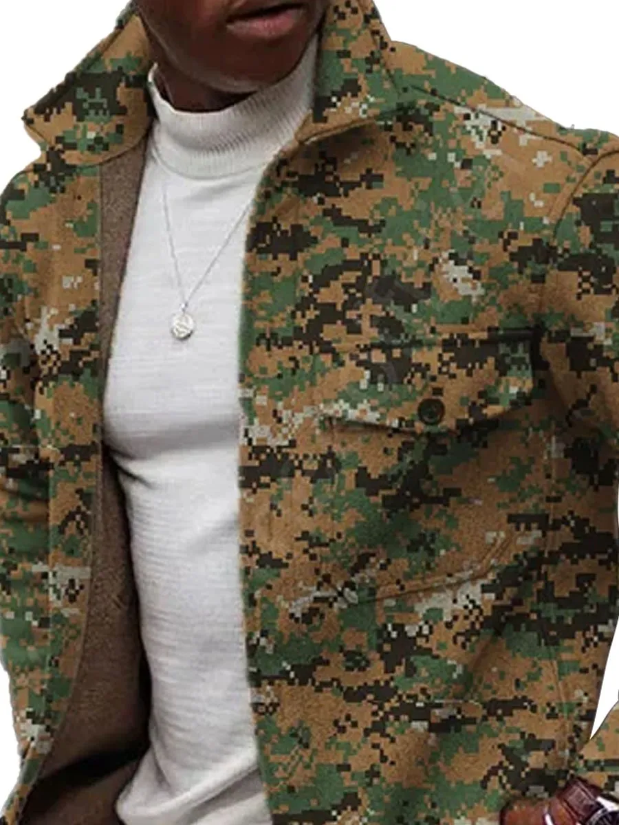 Lapel Double Pocket Single Breasted Casual Camo Jacket