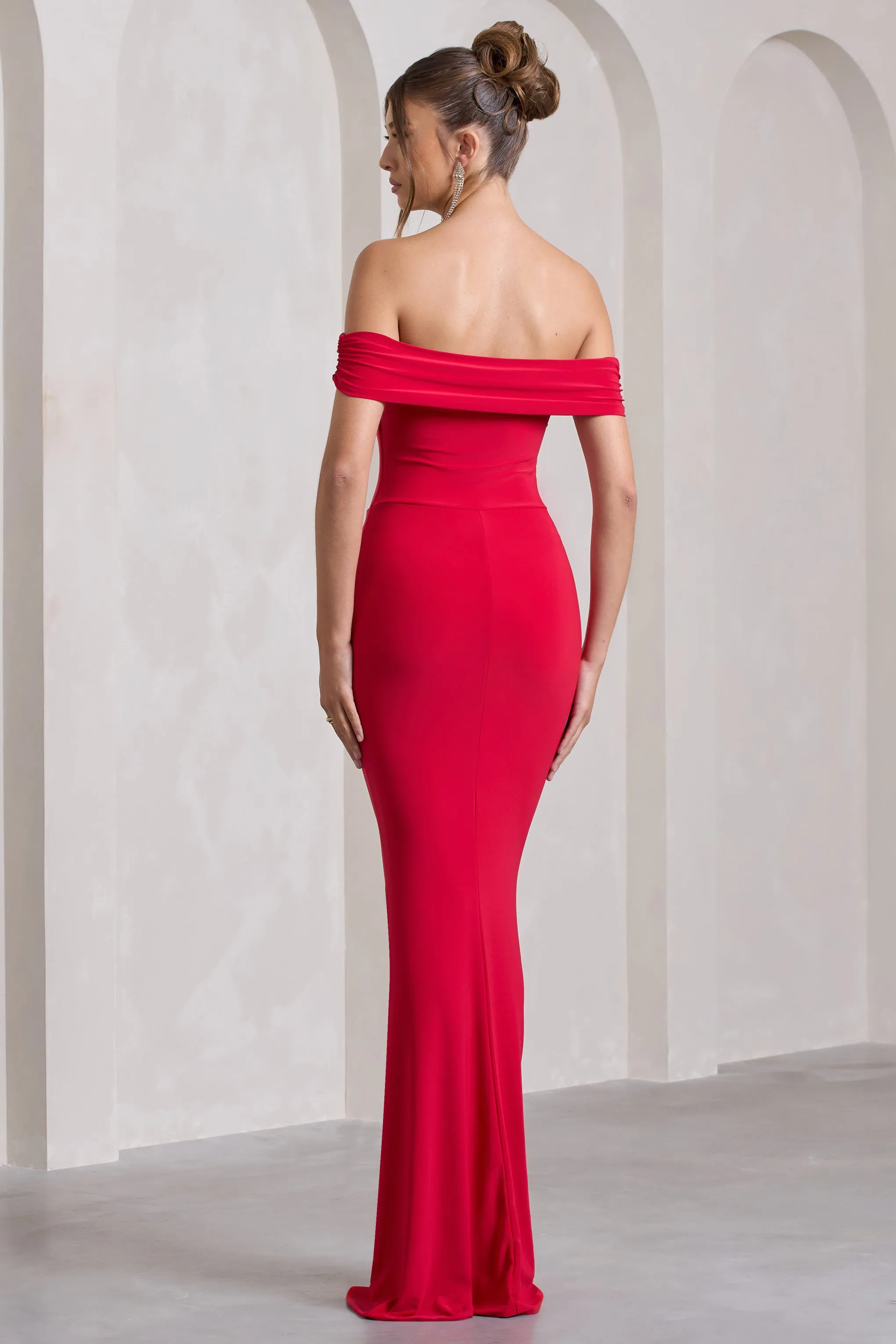 Law of Attraction | Red Bardot Draped Split Maxi Dress