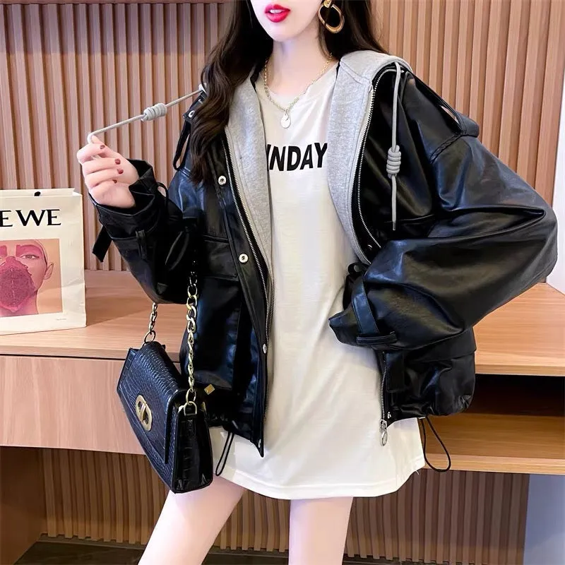 Lazy style stitching hooded fake two-piece coat for women 2023 Korean style autumn and autumn design loose leather jacket top (S